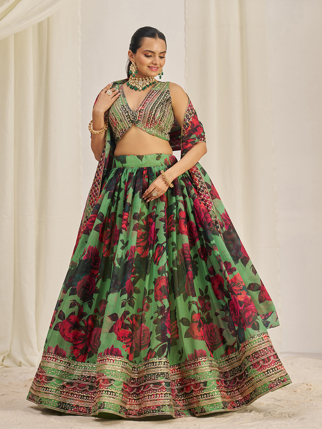 Parrot Green Organza Zari Dori Sequins Floral Lehenga Choli Set