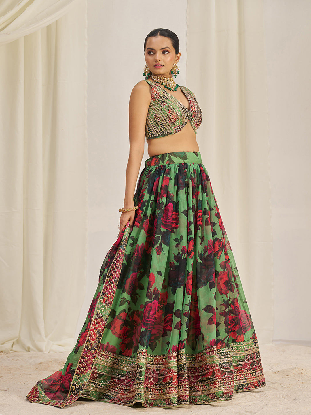 Parrot Green Organza Zari Dori Sequins Floral Lehenga Choli Set