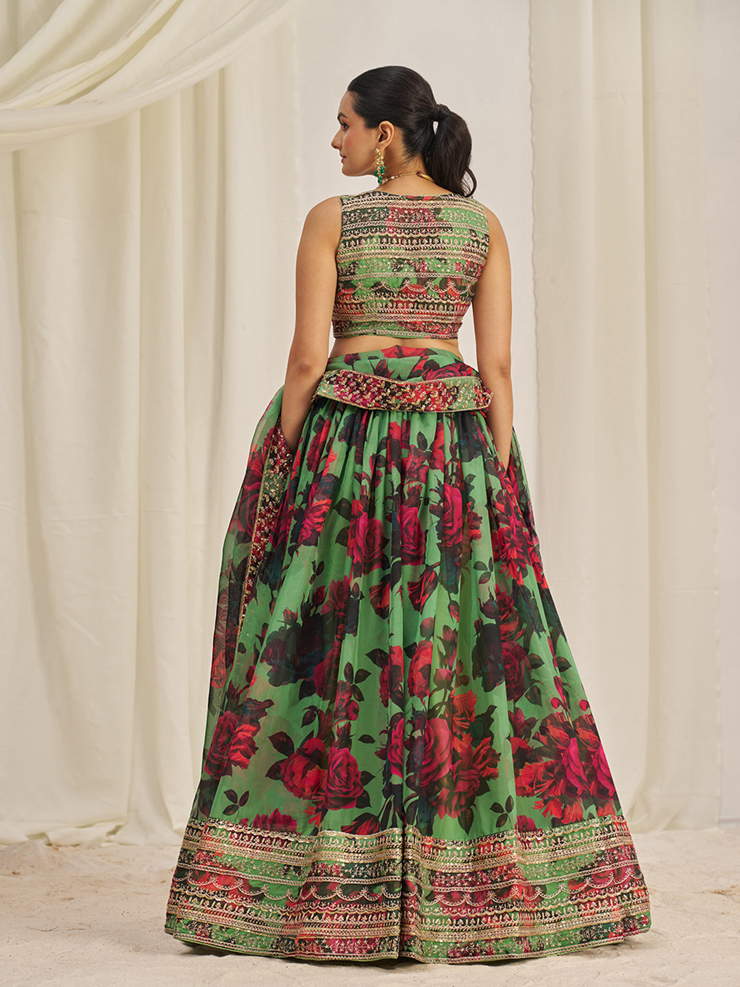 Parrot Green Organza Zari Dori Sequins Floral Lehenga Choli Set