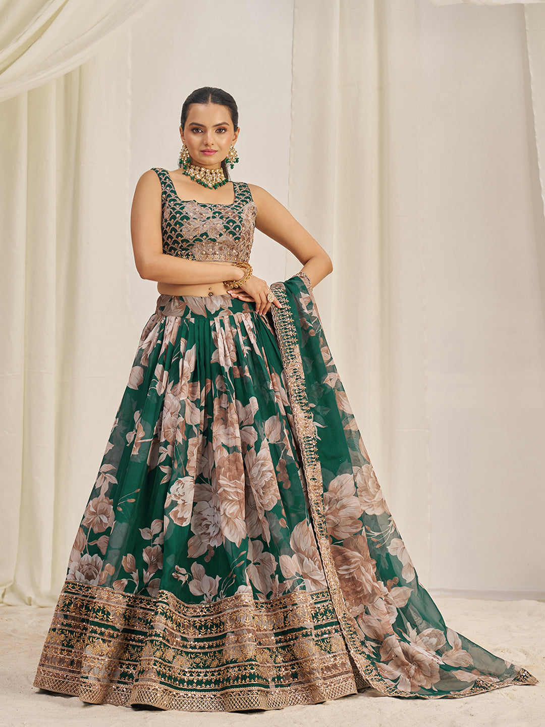 Dark Green Organza Zari Dori Sequins Floral Lehenga Choli Set