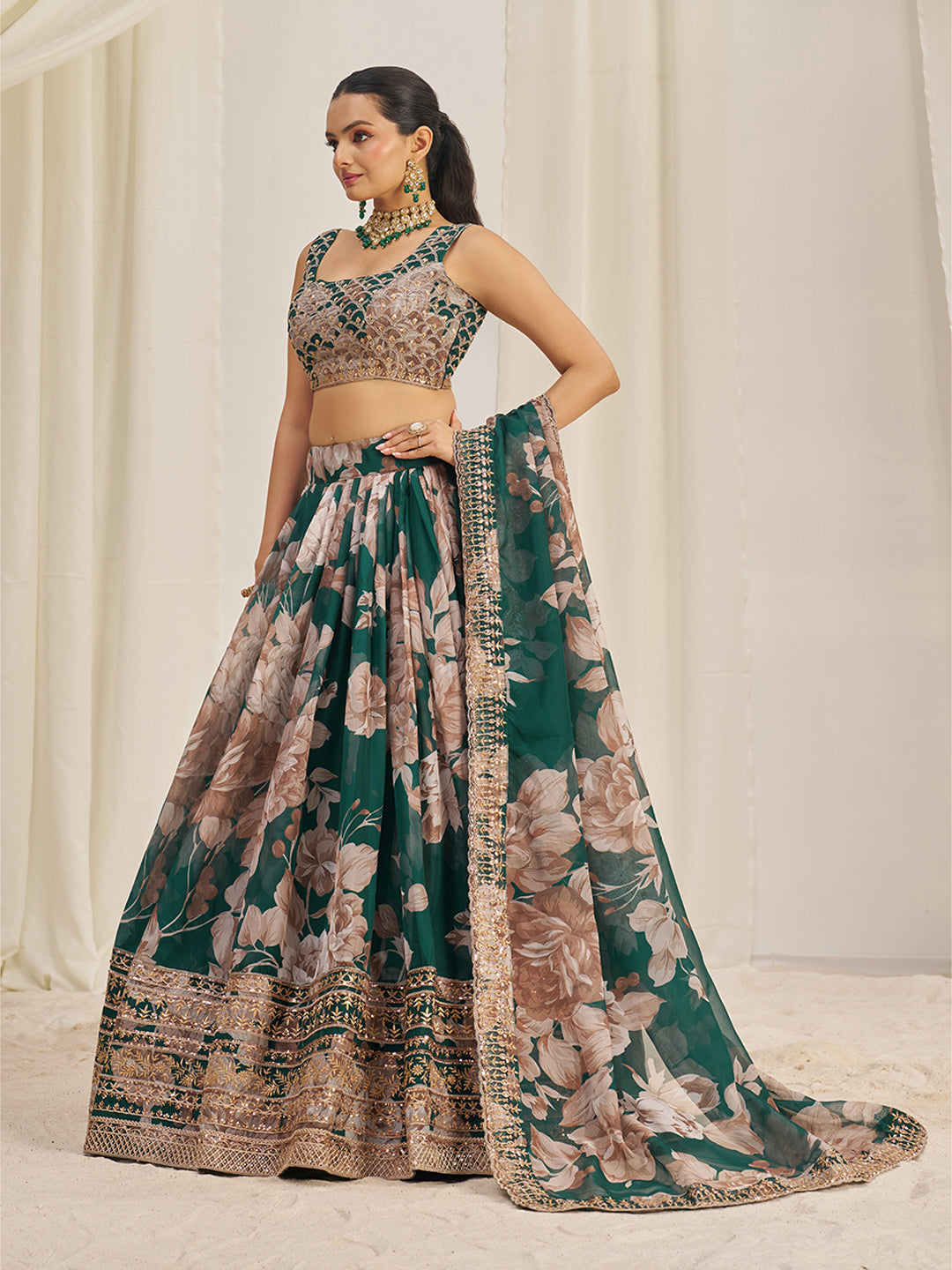 Dark Green Organza Zari Dori Sequins Floral Lehenga Choli Set