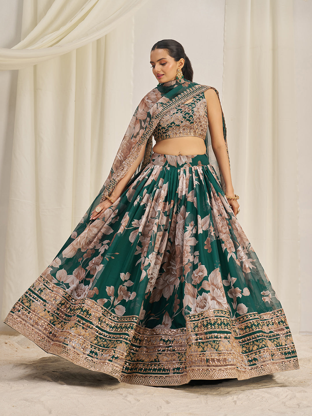 Dark Green Organza Zari Dori Sequins Floral Lehenga Choli Set