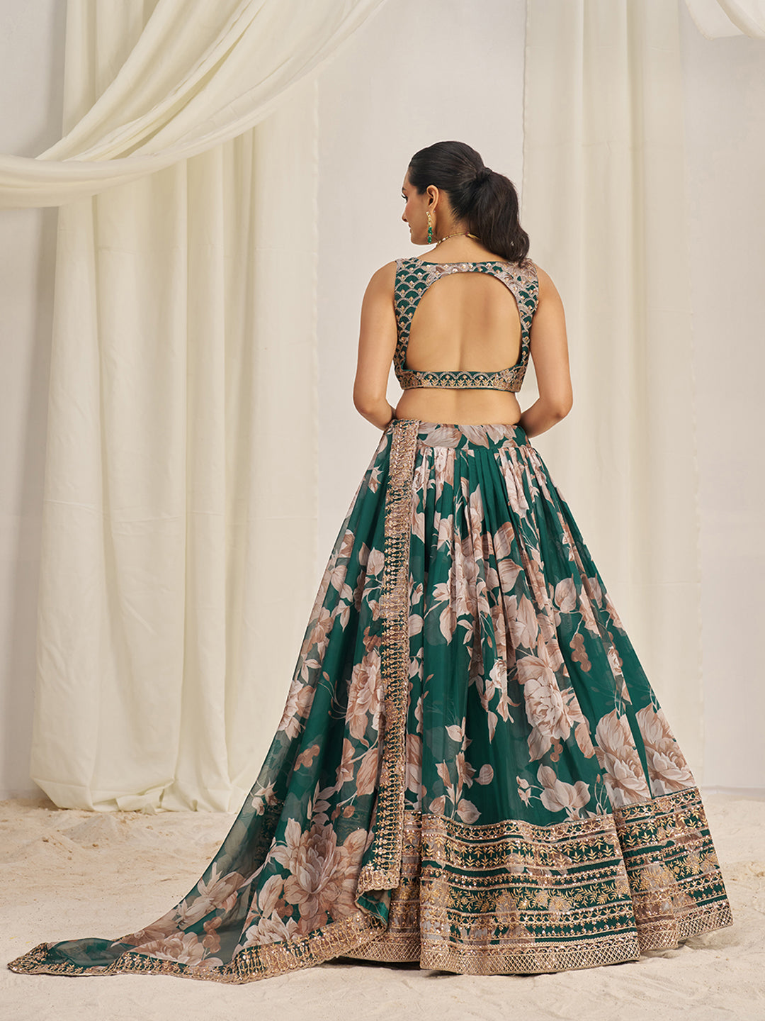 Dark Green Organza Zari Dori Sequins Floral Lehenga Choli Set