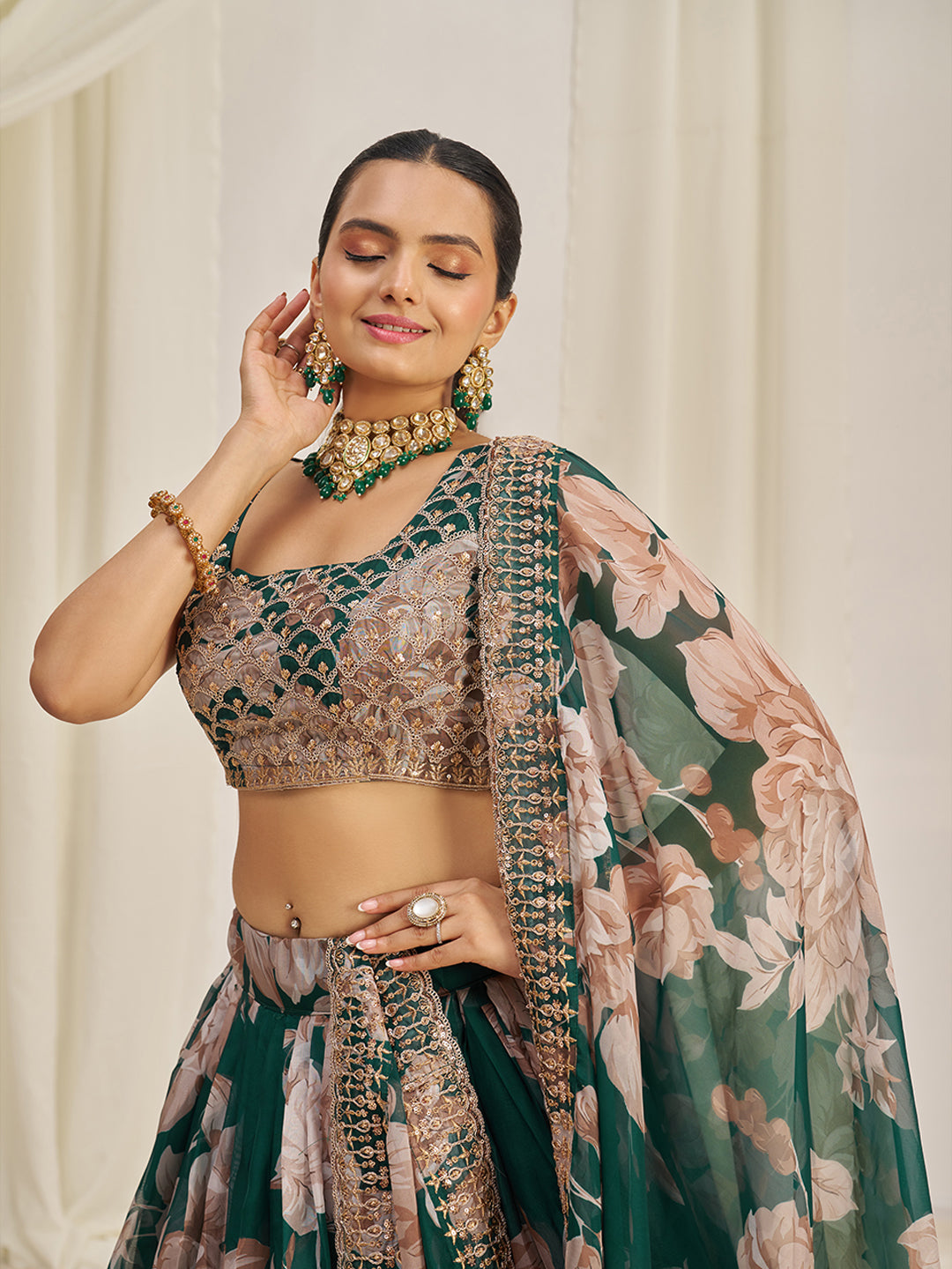 Dark Green Organza Zari Dori Sequins Floral Lehenga Choli Set