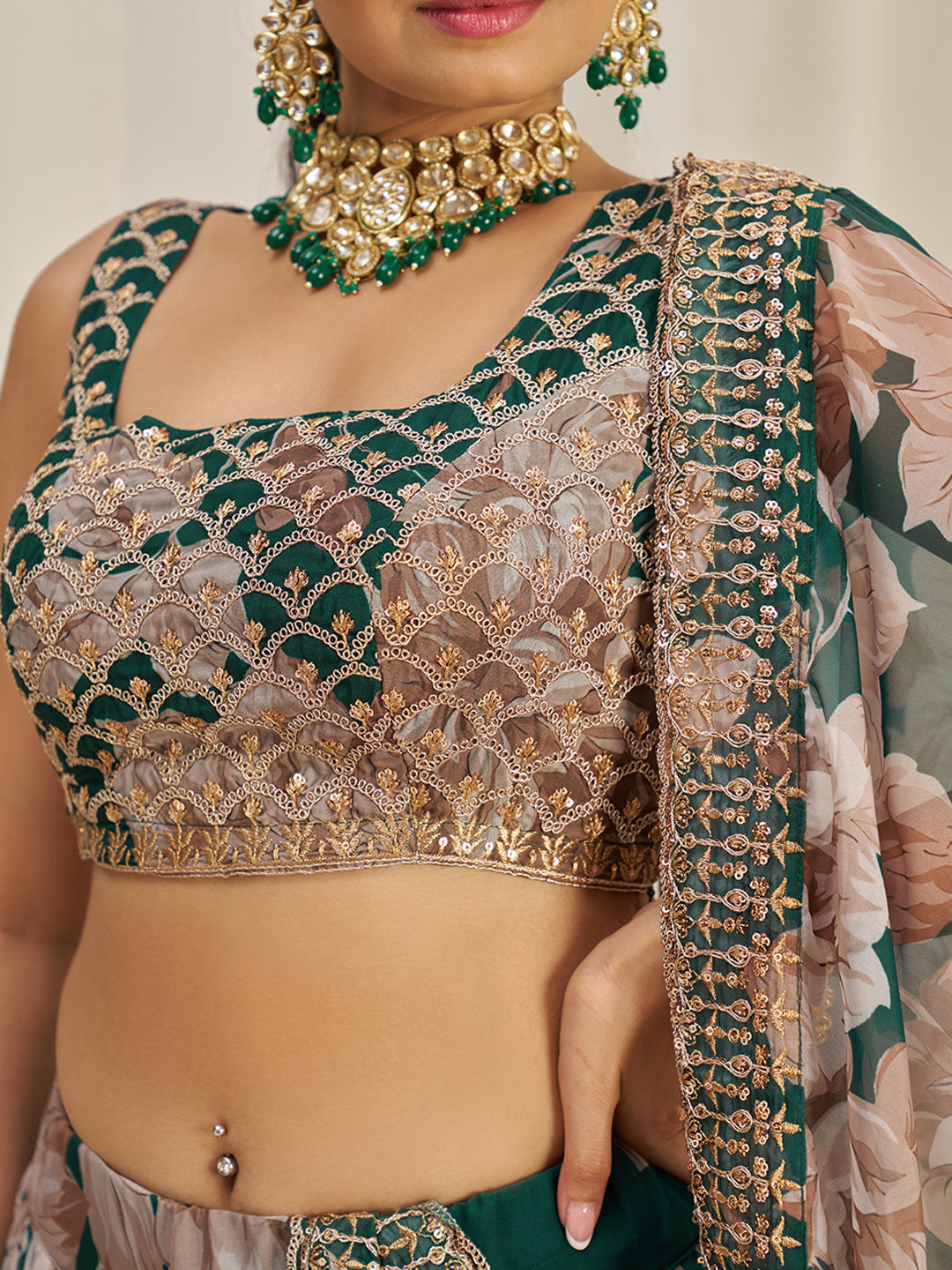 Dark Green Organza Zari Dori Sequins Floral Lehenga Choli Set