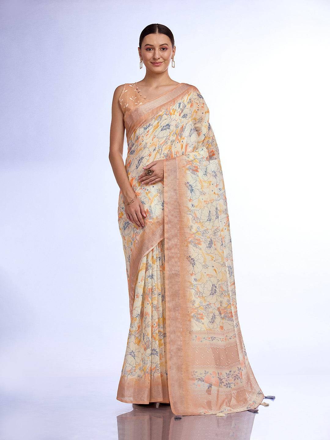 Beige Linen Saree With Blouse Piece