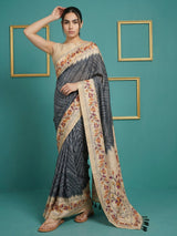 Black Soft Tussar Silk Saree Bandhani Floral Print Zari Border Traditional Saree With Blouse