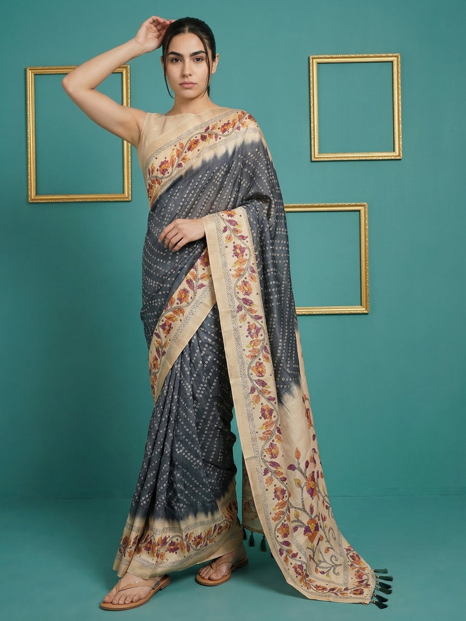 Black Soft Tussar Silk Saree Bandhani Floral Print Zari Border Traditional Saree With Blouse