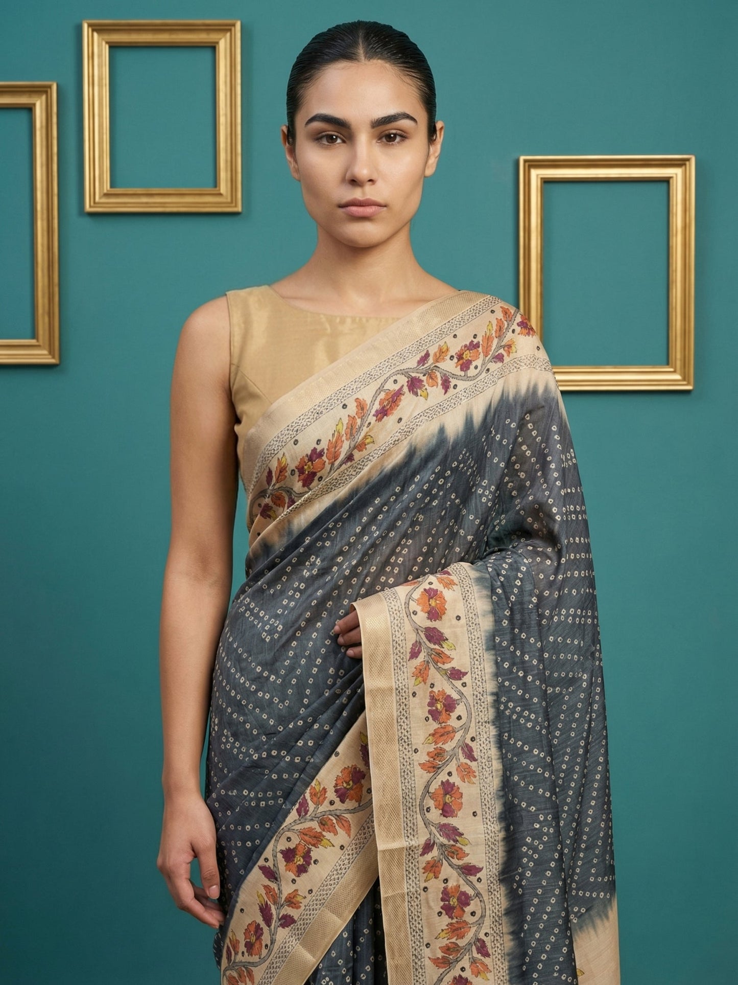 Black Soft Tussar Silk Saree Bandhani Floral Print Zari Border Traditional Saree With Blouse