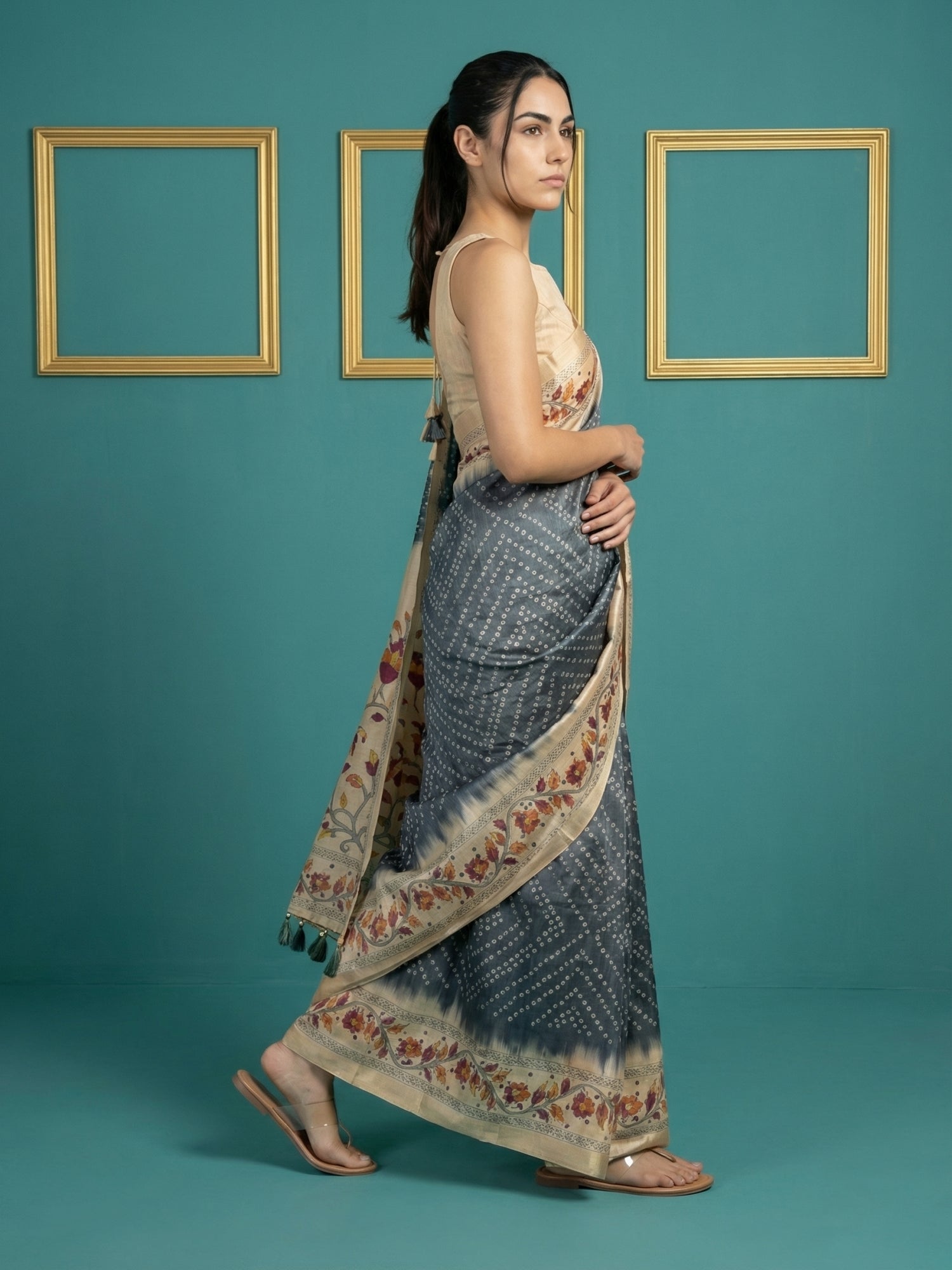 Black Soft Tussar Silk Saree Bandhani Floral Print Zari Border Traditional Saree With Blouse