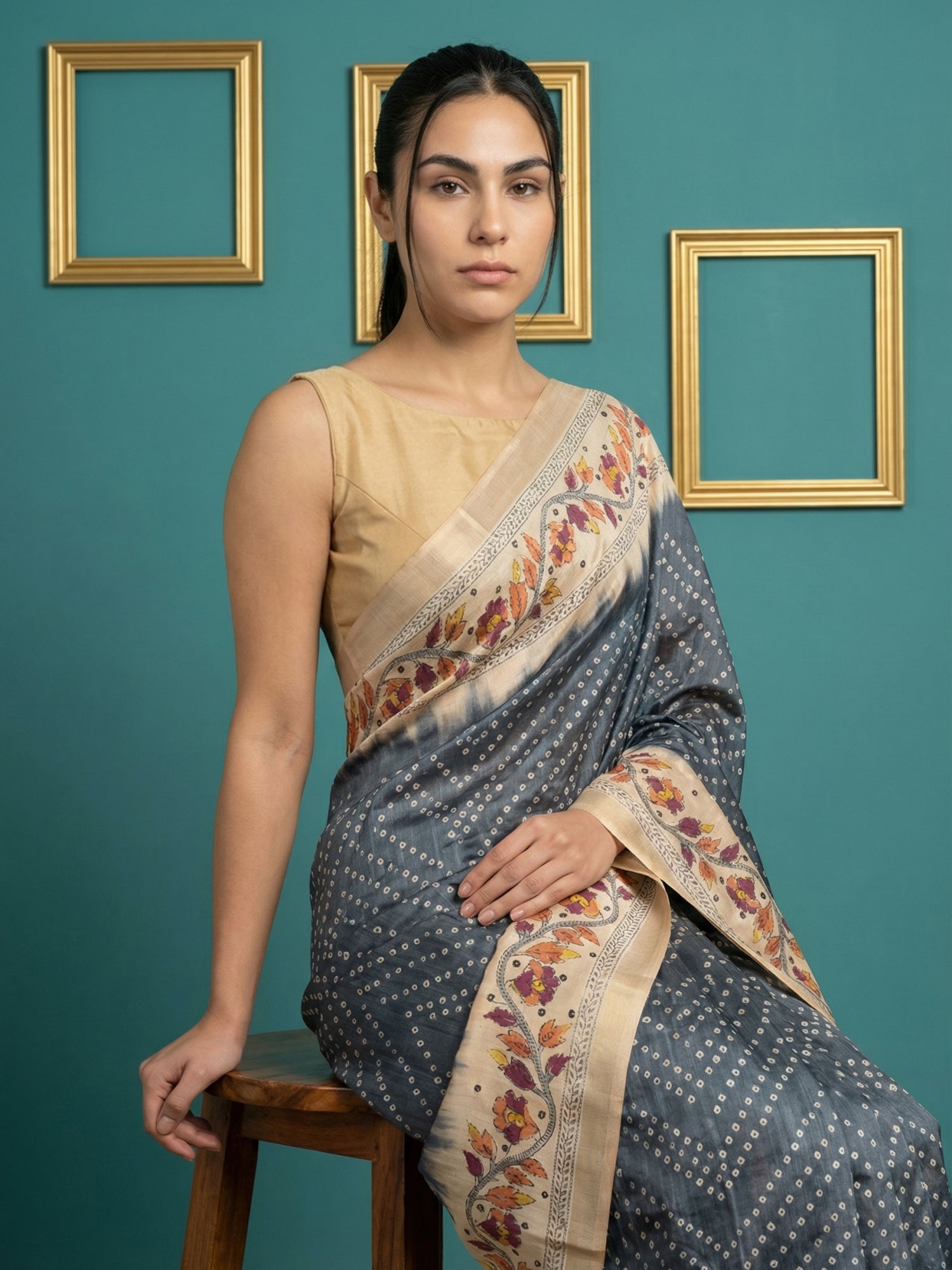 Black Soft Tussar Silk Saree Bandhani Floral Print Zari Border Traditional Saree With Blouse