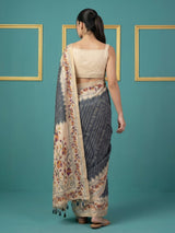 Black Soft Tussar Silk Saree Bandhani Floral Print Zari Border Traditional Saree With Blouse