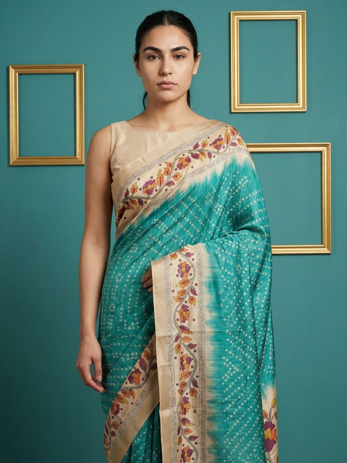 Rama Soft Tussar Silk Saree Bandhani Floral Print Zari Border Traditional Saree With Blouse