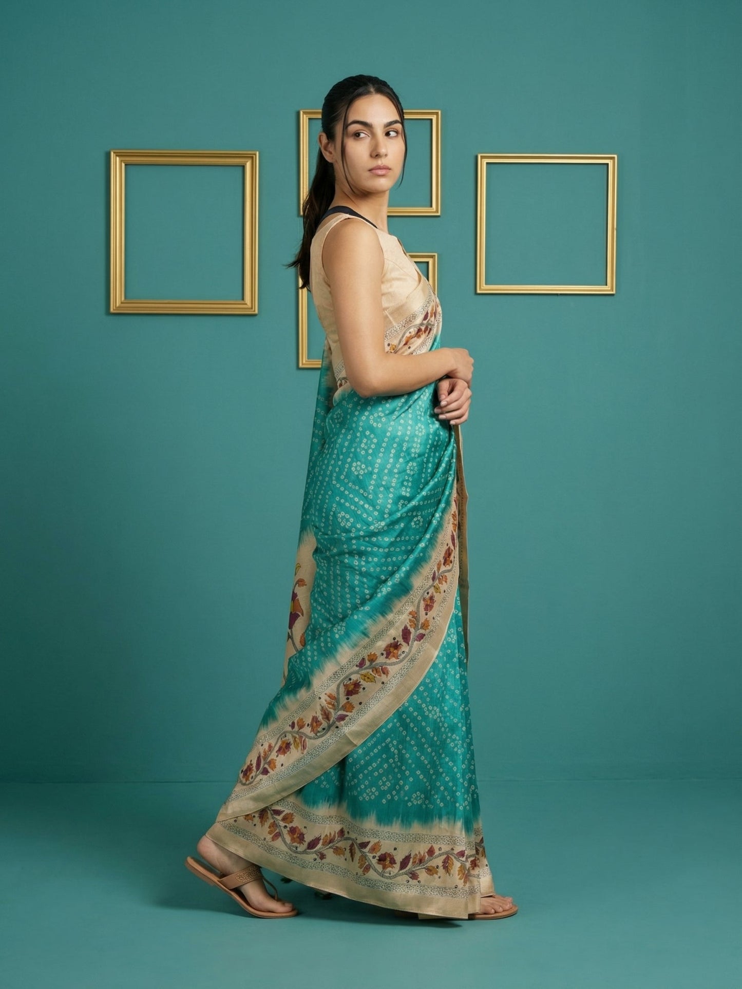 Rama Soft Tussar Silk Saree Bandhani Floral Print Zari Border Traditional Saree With Blouse
