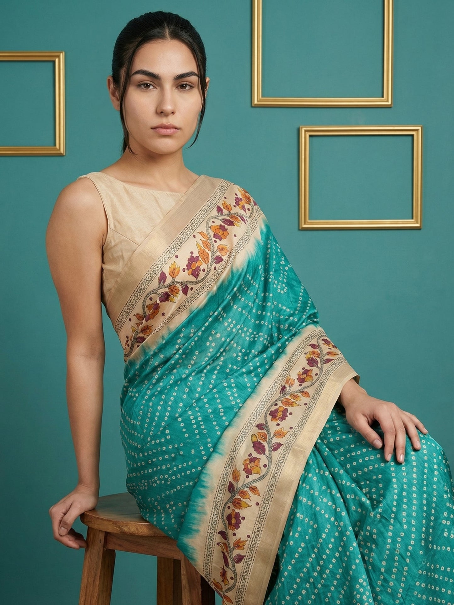 Rama Soft Tussar Silk Saree Bandhani Floral Print Zari Border Traditional Saree With Blouse