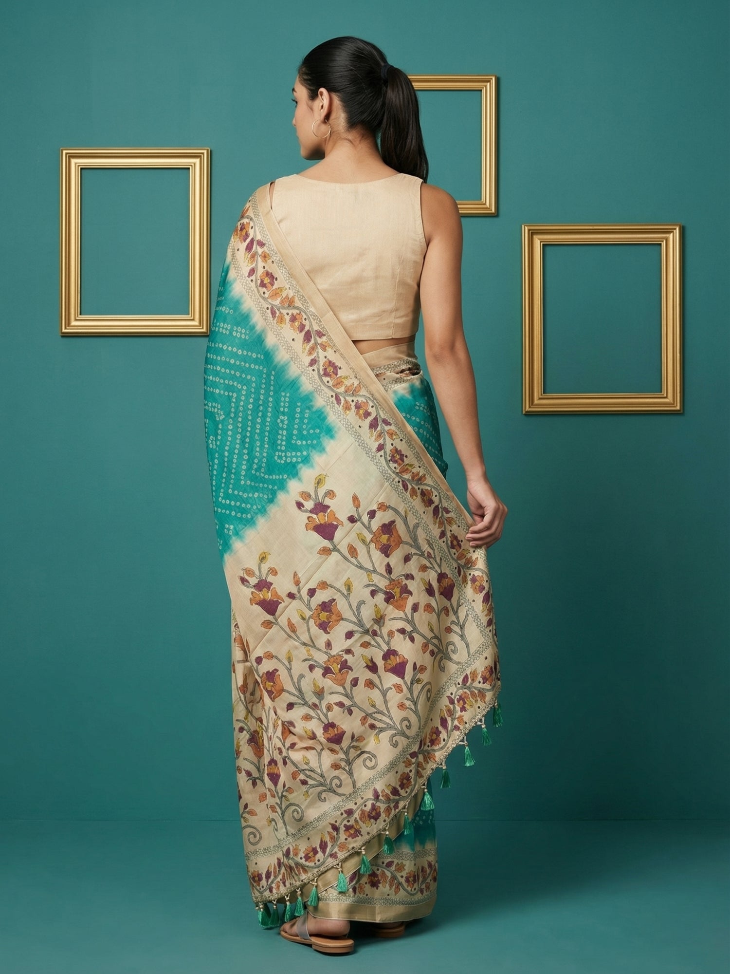 Rama Soft Tussar Silk Saree Bandhani Floral Print Zari Border Traditional Saree With Blouse