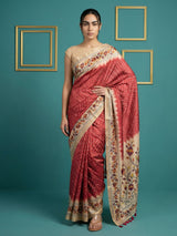 Red Soft Tussar Silk Saree Bandhani Floral Print Zari Border Traditional Saree With Blouse