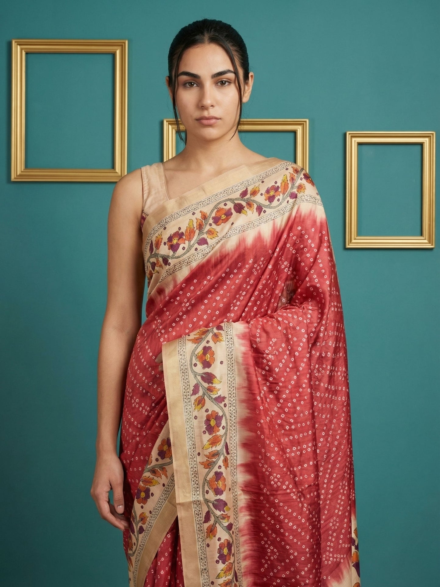 Red Soft Tussar Silk Saree Bandhani Floral Print Zari Border Traditional Saree With Blouse
