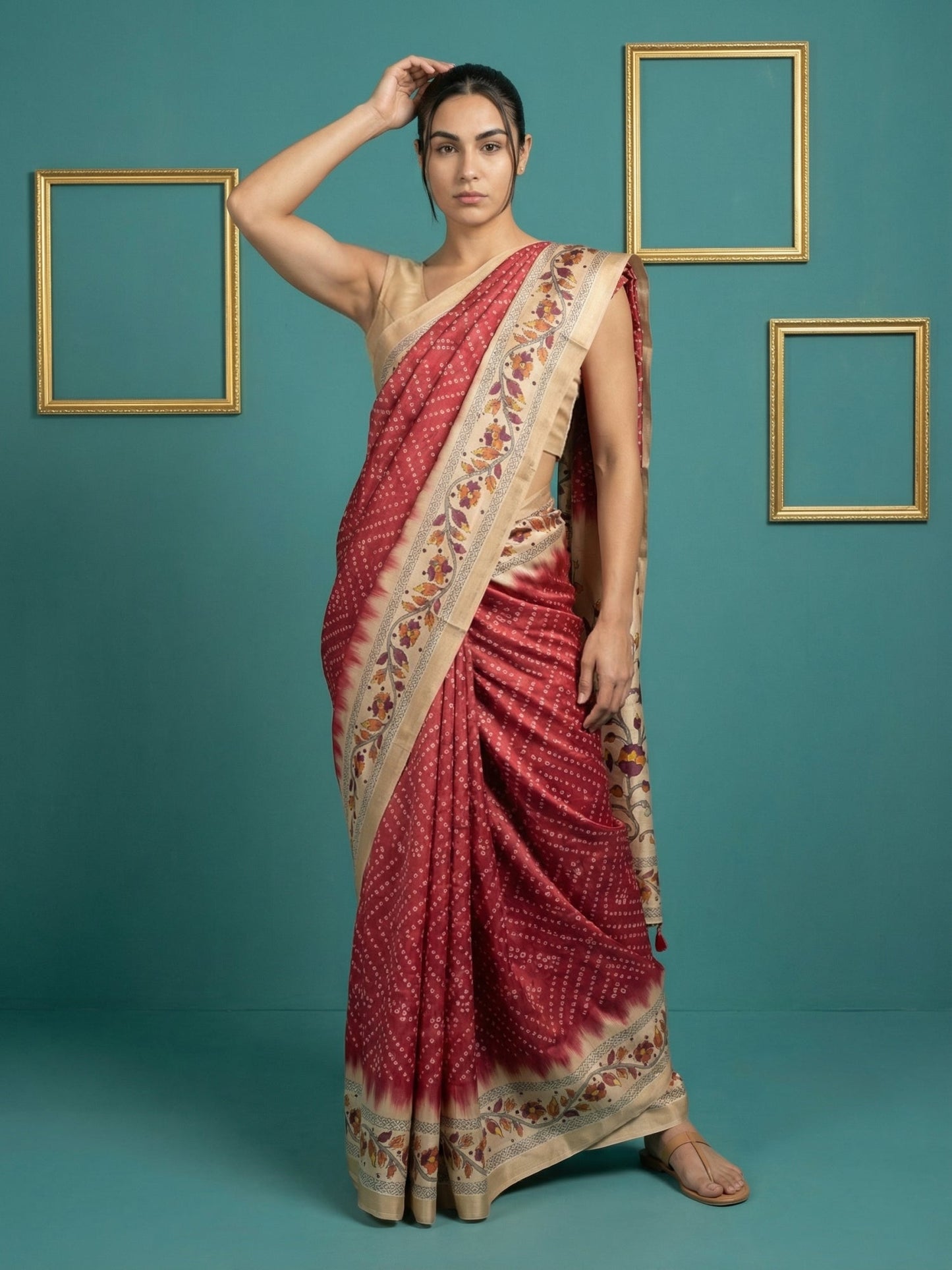 Red Soft Tussar Silk Saree Bandhani Floral Print Zari Border Traditional Saree With Blouse