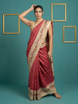 Red Soft Tussar Silk Saree Bandhani Floral Print Zari Border Traditional Saree With Blouse