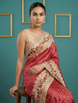 Red Soft Tussar Silk Saree Bandhani Floral Print Zari Border Traditional Saree With Blouse