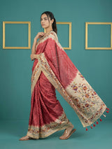Red Soft Tussar Silk Saree Bandhani Floral Print Zari Border Traditional Saree With Blouse