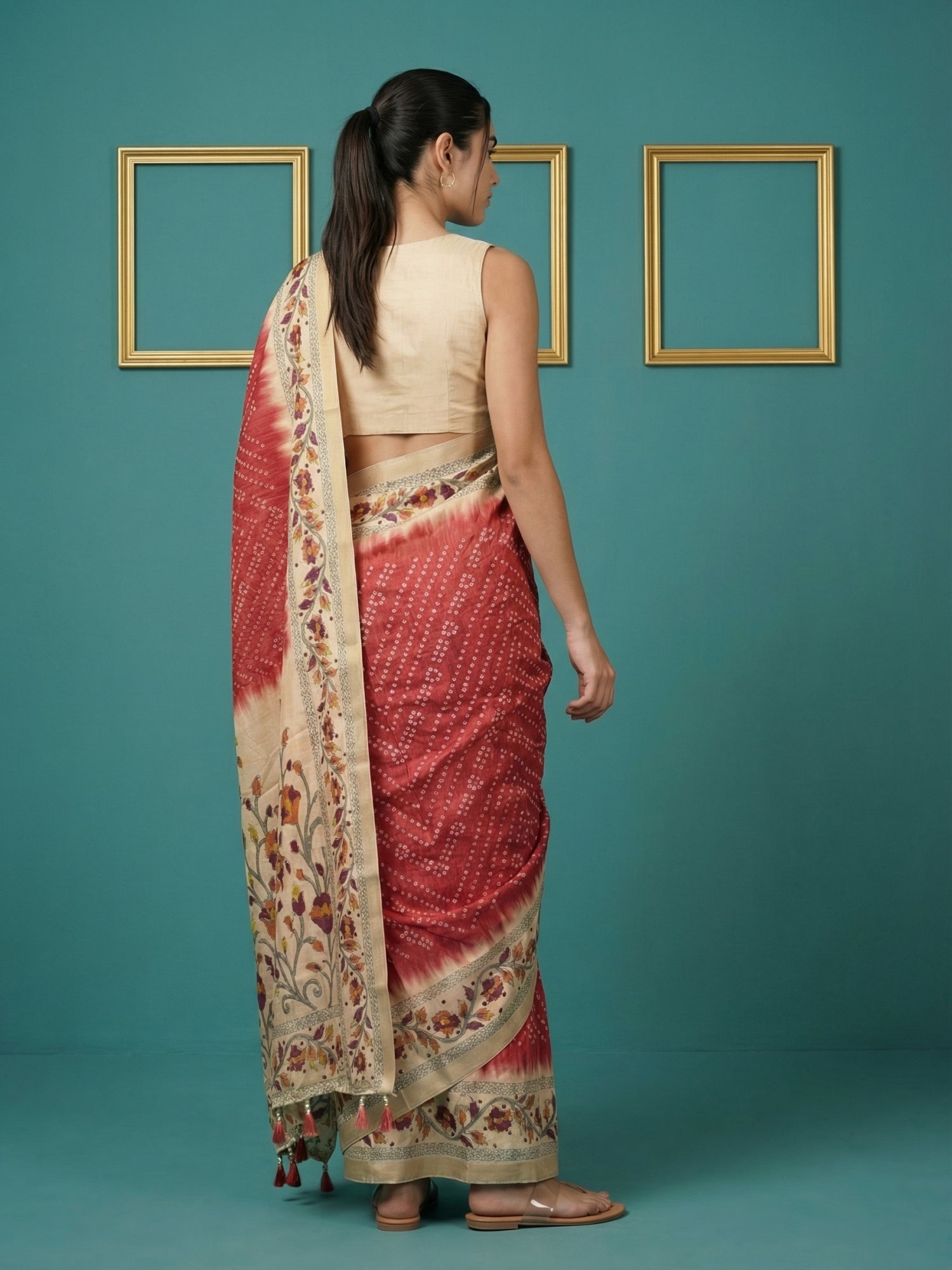 Red Soft Tussar Silk Saree Bandhani Floral Print Zari Border Traditional Saree With Blouse