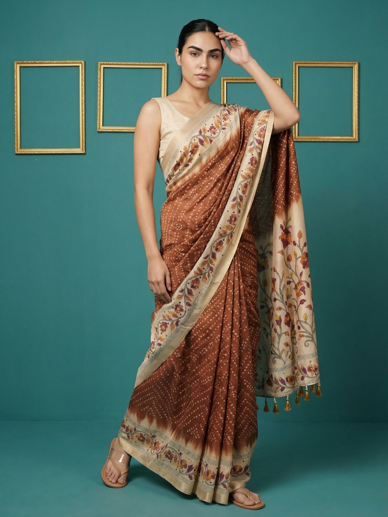 Rust Soft Tussar Silk Saree Bandhani Floral Print Zari Border Traditional Saree With Blouse