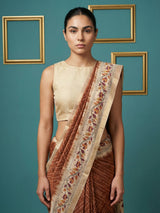 Rust Soft Tussar Silk Saree Bandhani Floral Print Zari Border Traditional Saree With Blouse