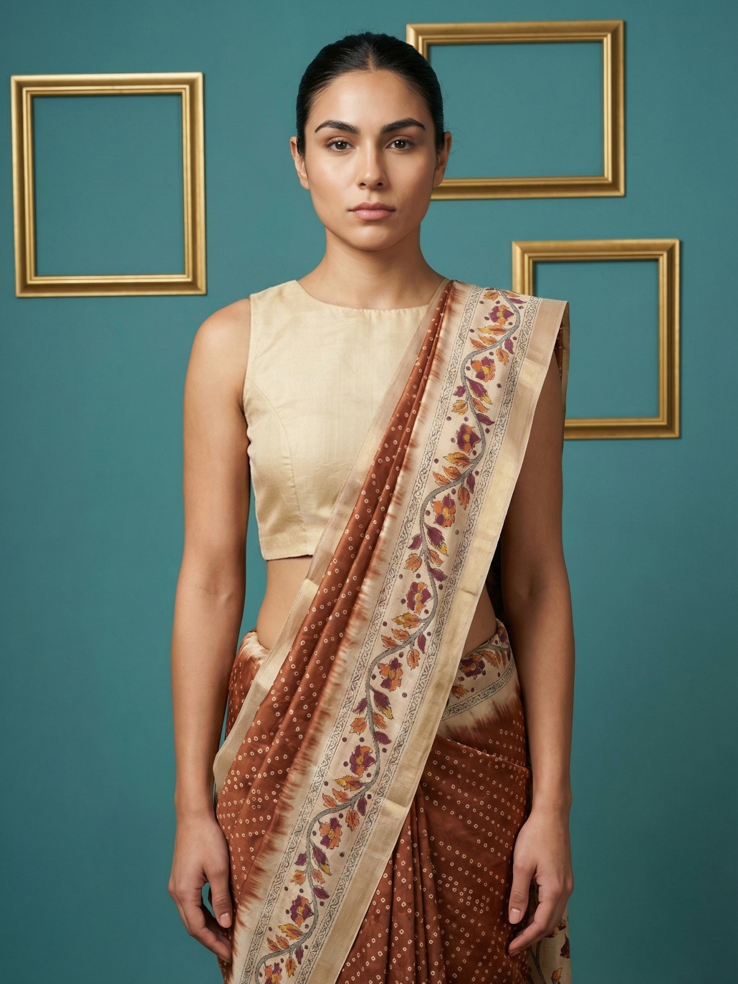 Rust Soft Tussar Silk Saree Bandhani Floral Print Zari Border Traditional Saree With Blouse
