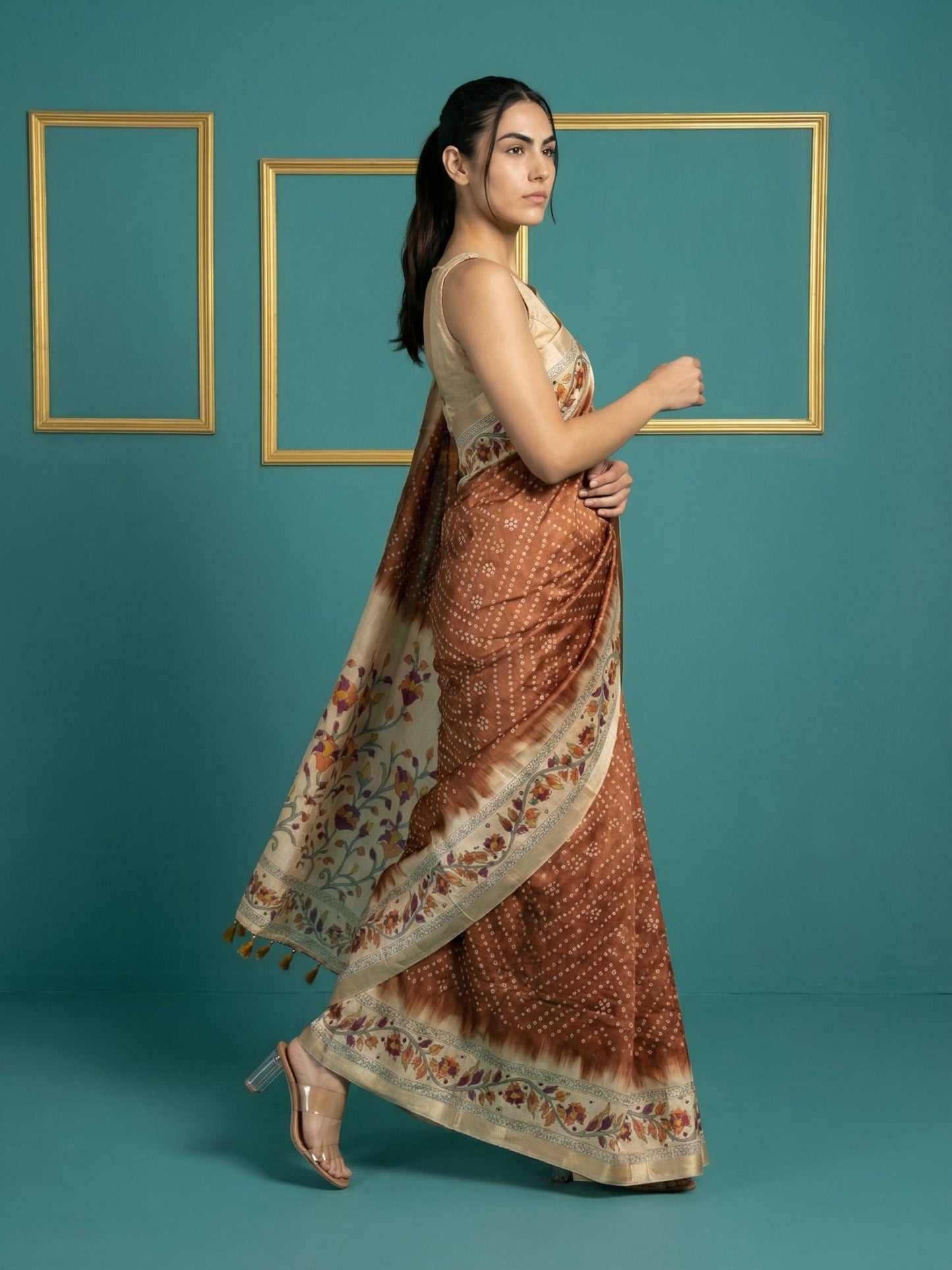 Rust Soft Tussar Silk Saree Bandhani Floral Print Zari Border Traditional Saree With Blouse