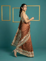 Rust Soft Tussar Silk Saree Bandhani Floral Print Zari Border Traditional Saree With Blouse