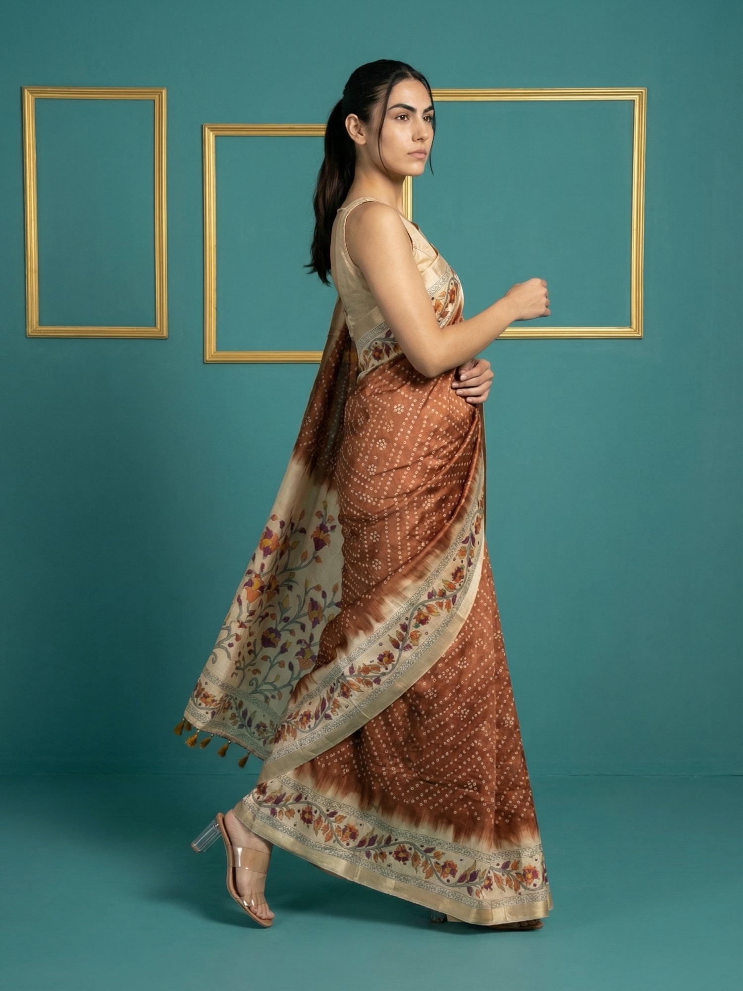Rust Soft Tussar Silk Saree Bandhani Floral Print Zari Border Traditional Saree With Blouse