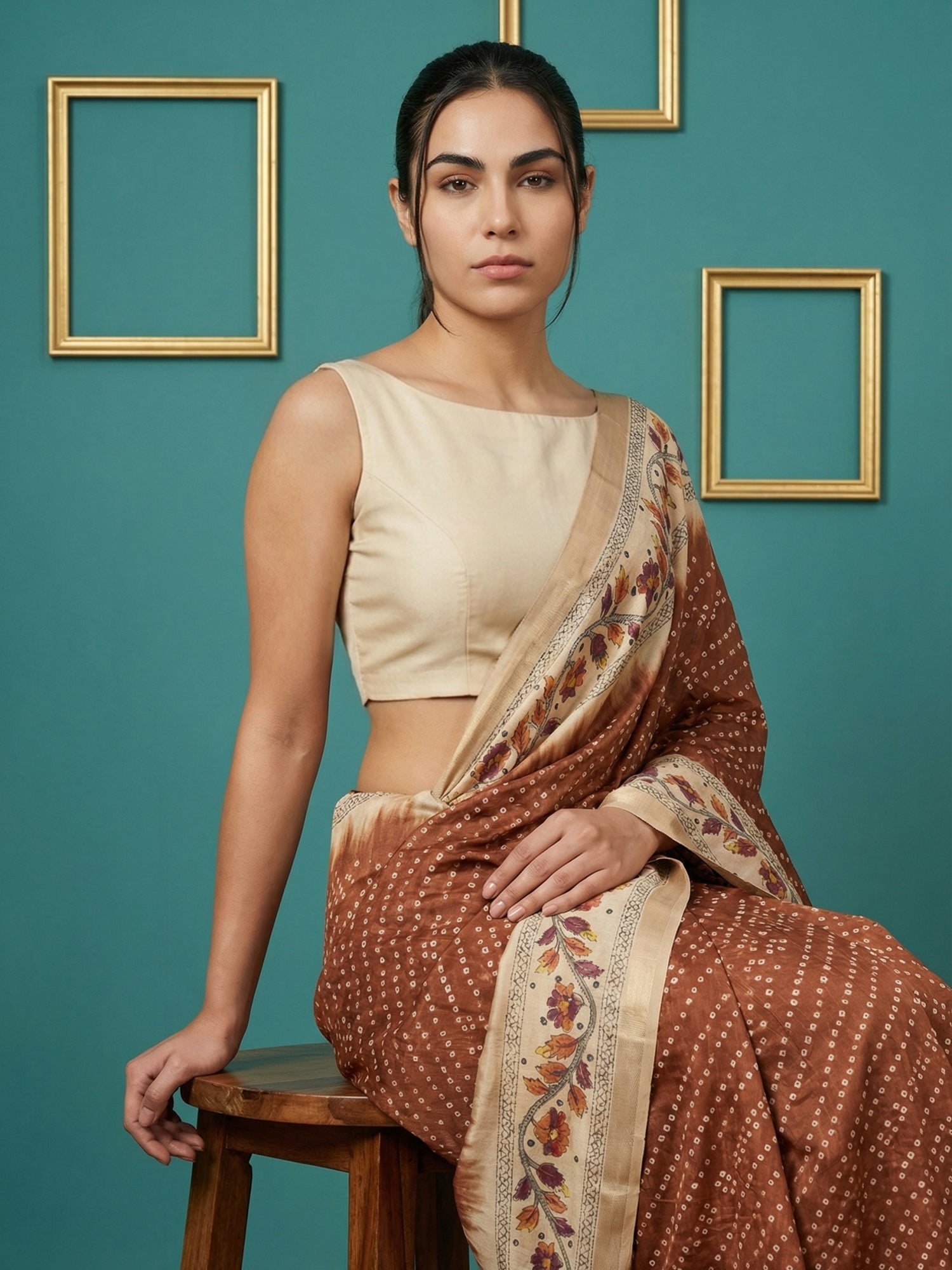 Rust Soft Tussar Silk Saree Bandhani Floral Print Zari Border Traditional Saree With Blouse