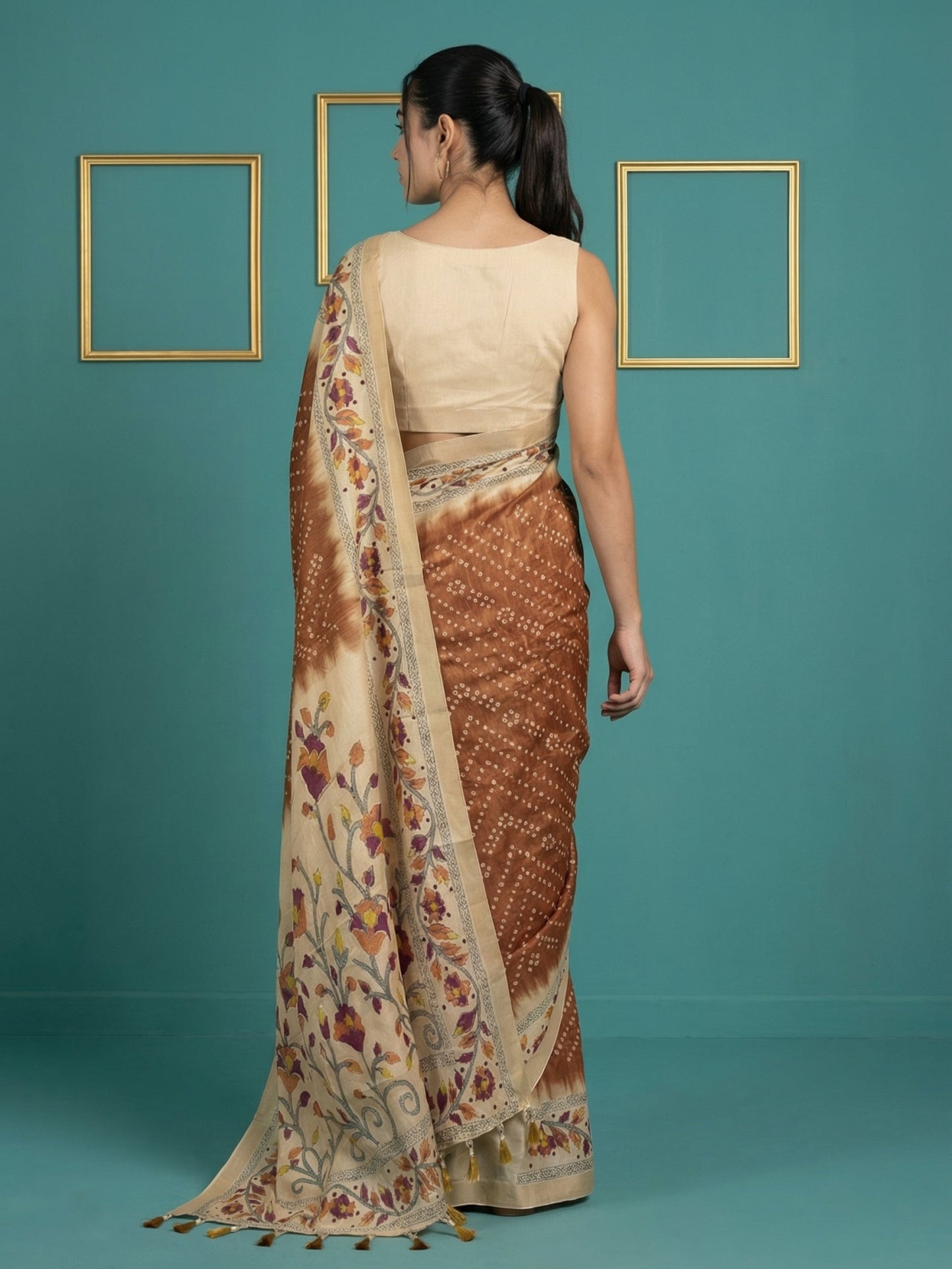 Rust Soft Tussar Silk Saree Bandhani Floral Print Zari Border Traditional Saree With Blouse