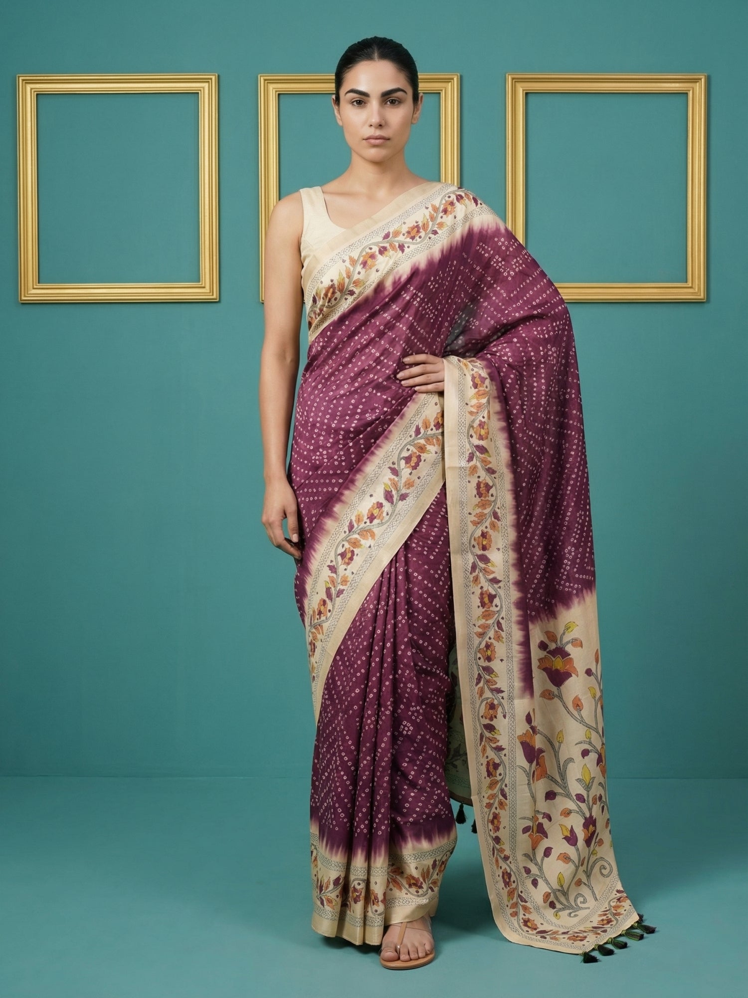 Wine Soft Tussar Silk Saree Bandhani Floral Print Zari Border Traditional Saree With Blouse