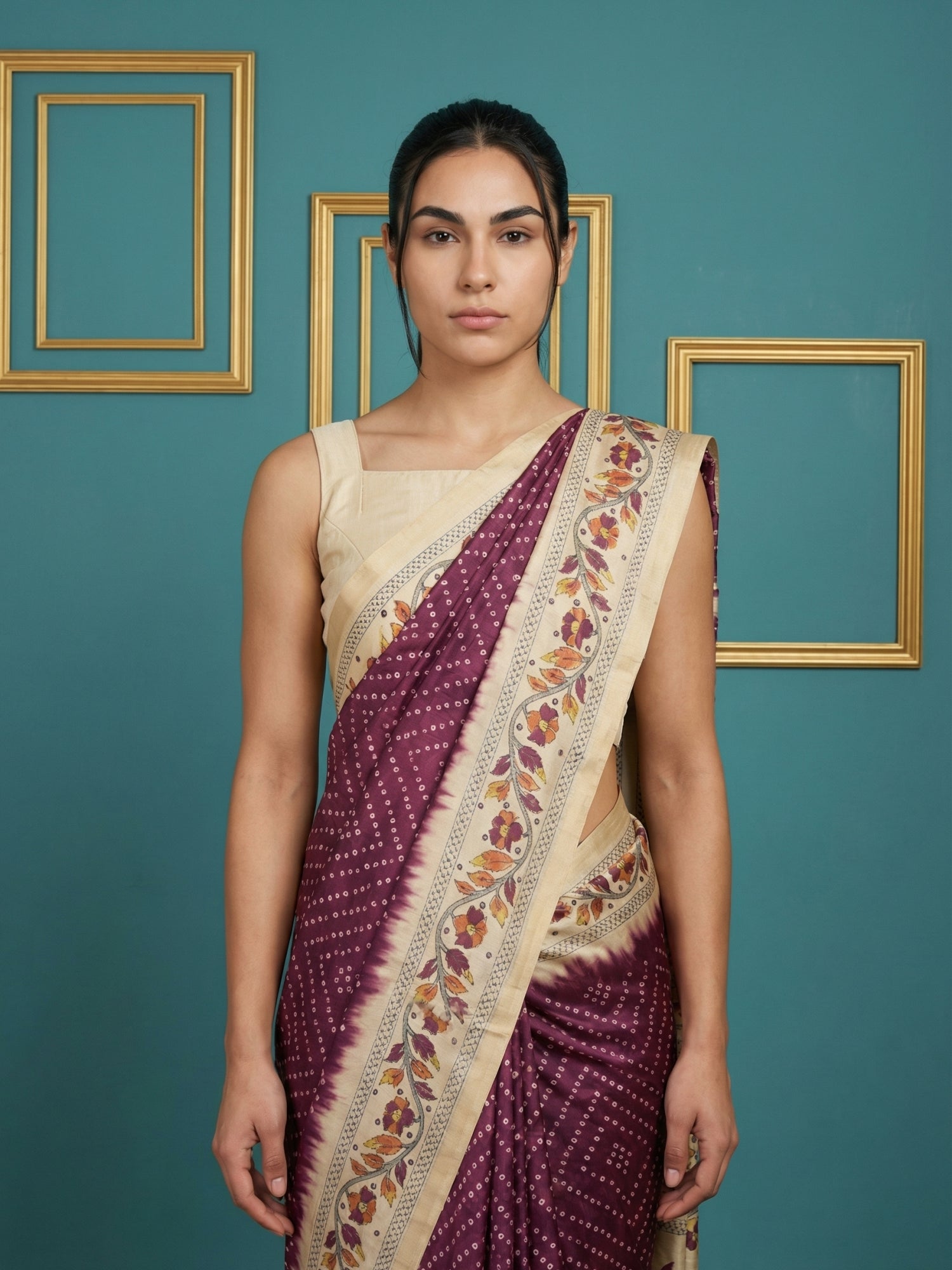 Wine Soft Tussar Silk Saree Bandhani Floral Print Zari Border Traditional Saree With Blouse