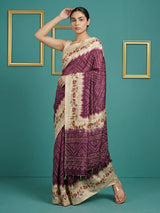 Wine Soft Tussar Silk Saree Bandhani Floral Print Zari Border Traditional Saree With Blouse