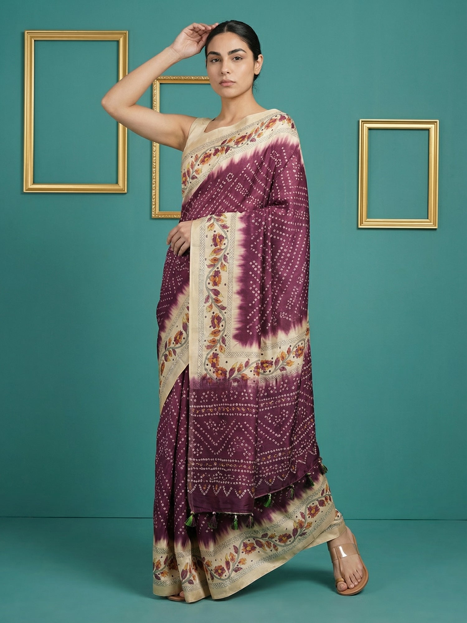 Wine Soft Tussar Silk Saree Bandhani Floral Print Zari Border Traditional Saree With Blouse