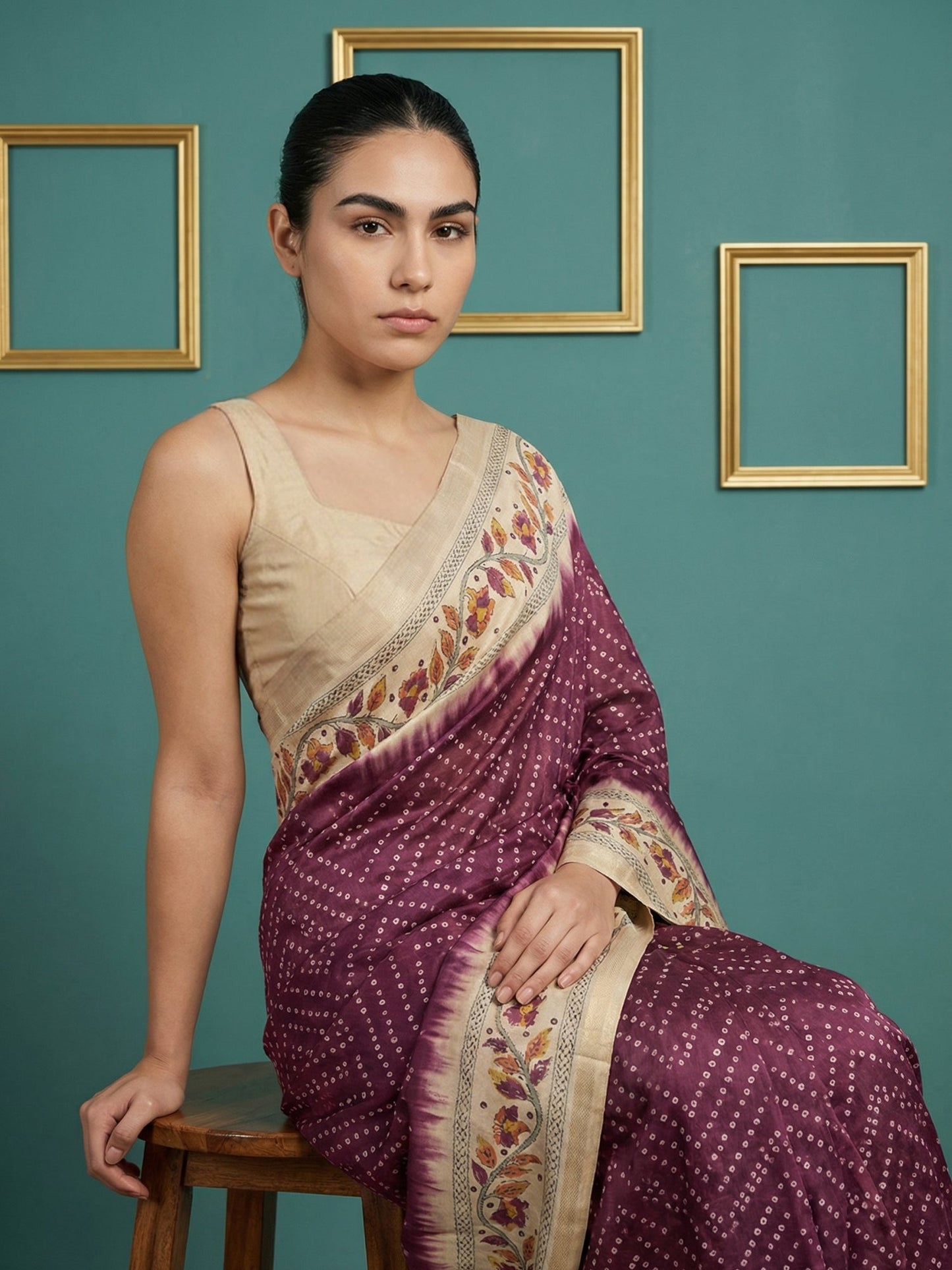 Wine Soft Tussar Silk Saree Bandhani Floral Print Zari Border Traditional Saree With Blouse