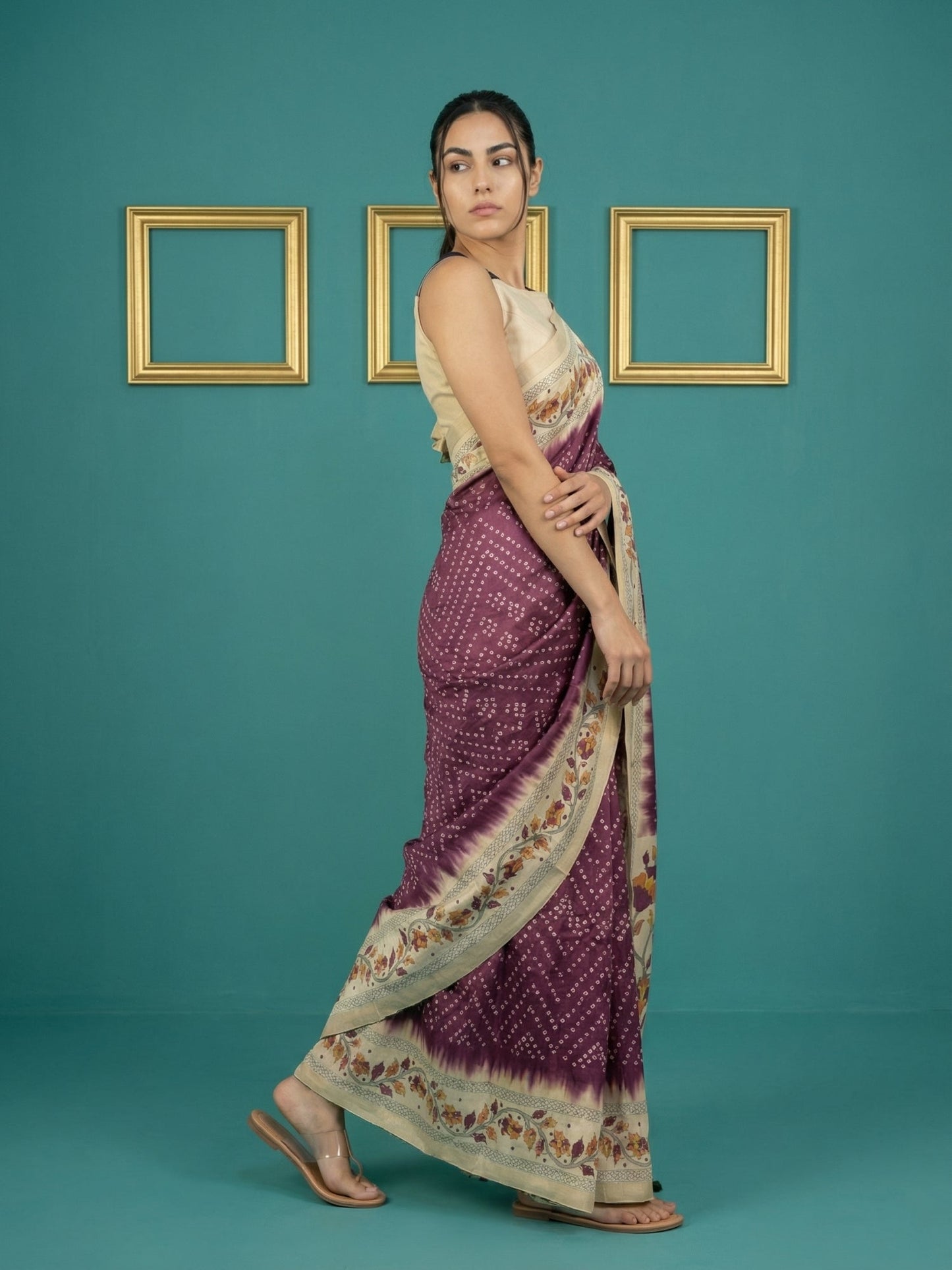 Wine Soft Tussar Silk Saree Bandhani Floral Print Zari Border Traditional Saree With Blouse