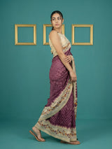 Wine Soft Tussar Silk Saree Bandhani Floral Print Zari Border Traditional Saree With Blouse