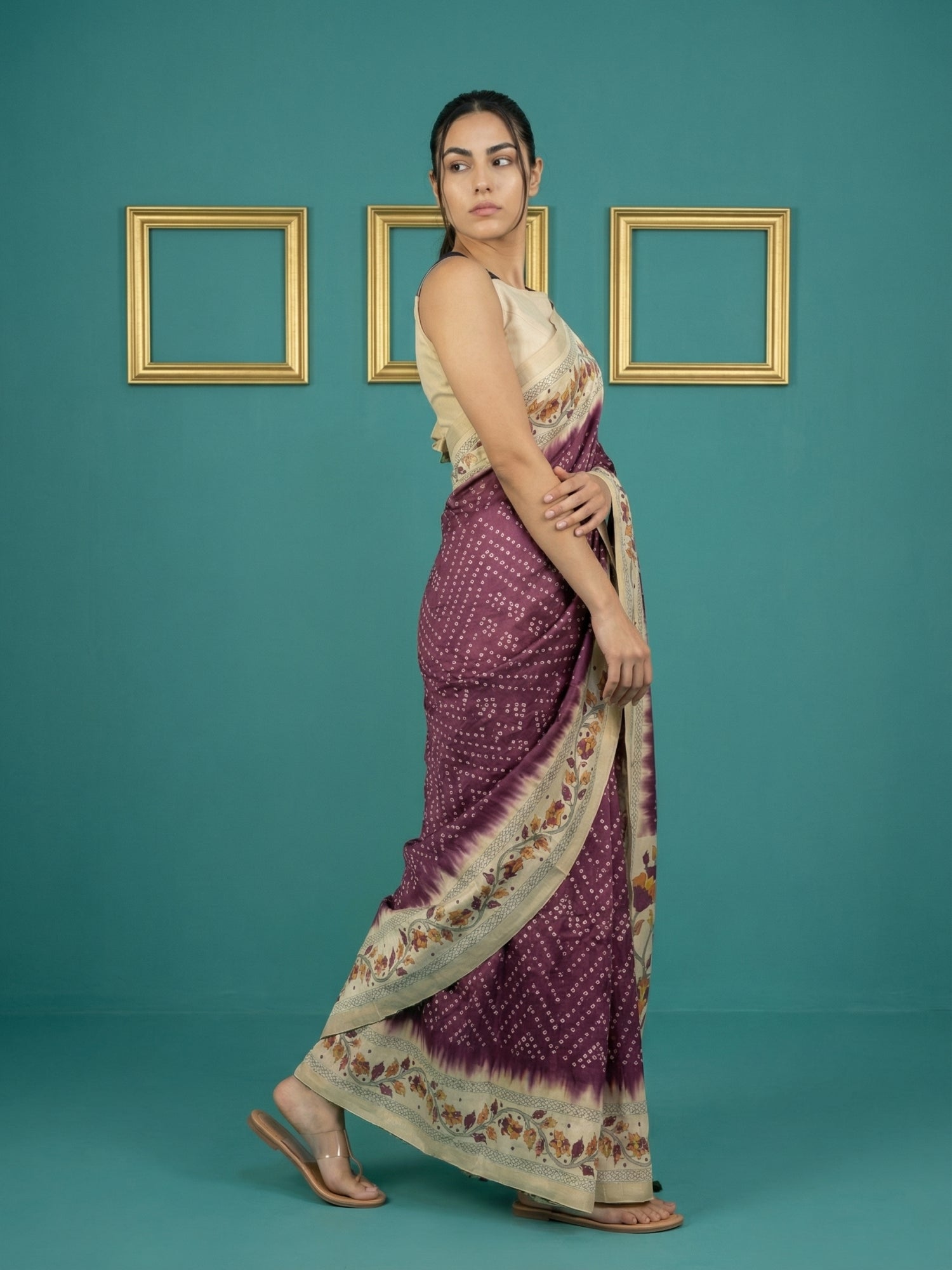 Wine Soft Tussar Silk Saree Bandhani Floral Print Zari Border Traditional Saree With Blouse