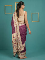 Wine Soft Tussar Silk Saree Bandhani Floral Print Zari Border Traditional Saree With Blouse