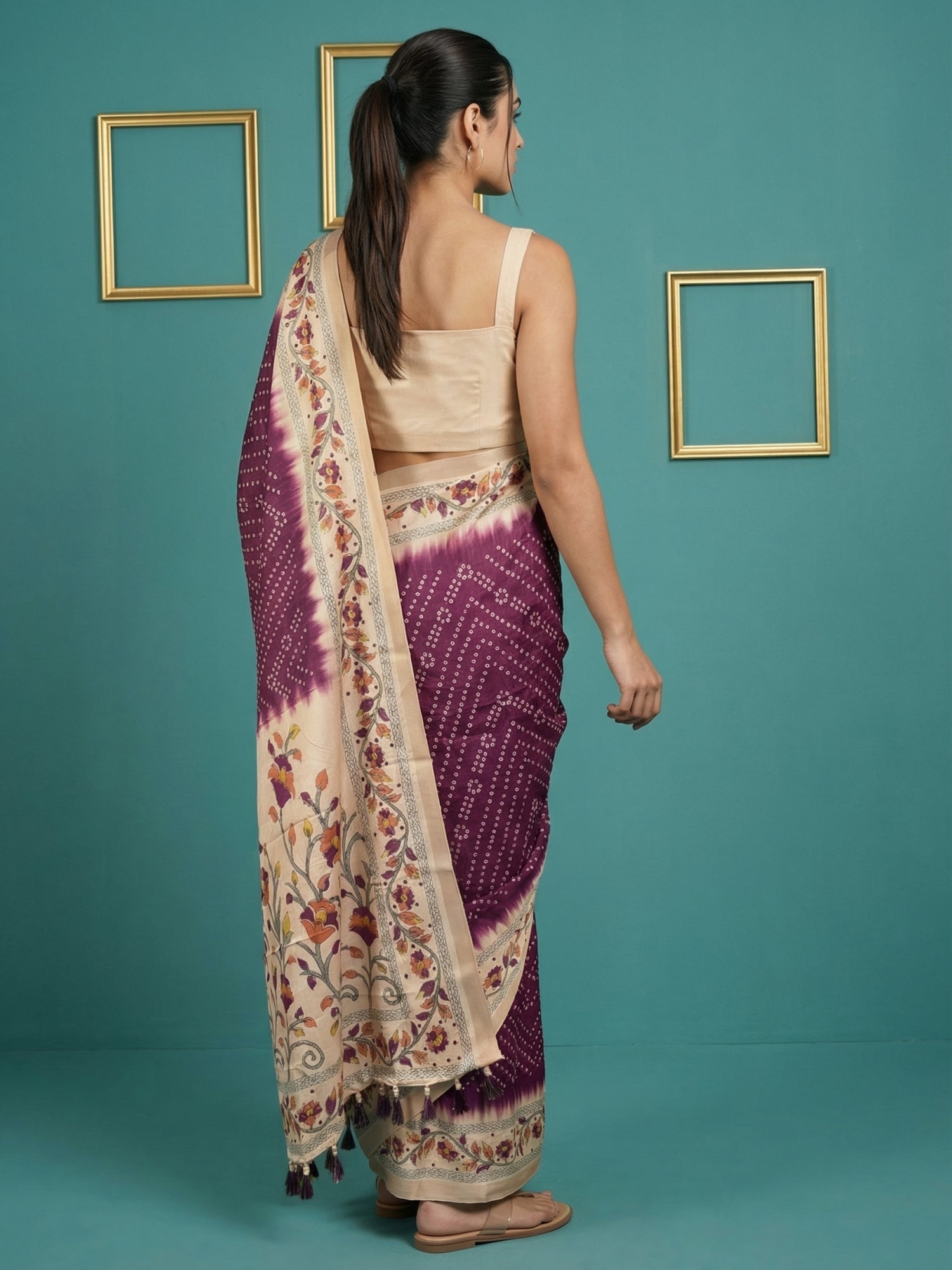Wine Soft Tussar Silk Saree Bandhani Floral Print Zari Border Traditional Saree With Blouse