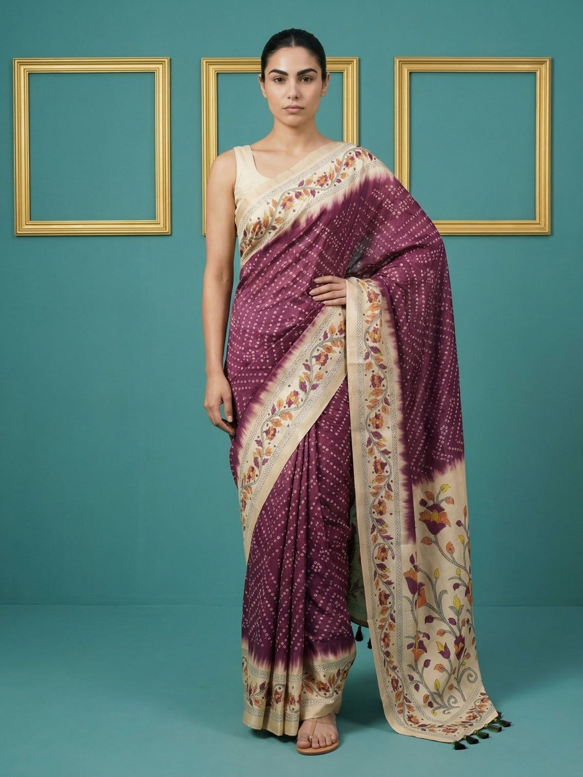 Wine designer tussar silk saree with bandhani floral art