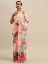 Peach Colour Floral Printed Pure Tebi Silk Saree With Resham Tassel