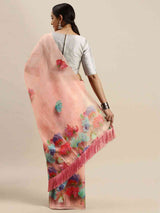 Peach Colour Floral Printed Pure Tebi Silk Saree With Resham Tassel
