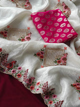 Eye-catching Off White Embroidery Work Crush Silk Saree With Pleasurable Blouse Piece