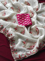 Eye-catching Off White Embroidery Work Crush Silk Saree With Pleasurable Blouse Piece